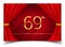 69th years golden anniversary logo with glowing golden colors isolated on realistic red curtain, vector design for greeting card,