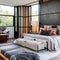 7 A bohemian-inspired bedroom with a mix of patterned and textured finishes, a low platform bed, and a mix of patterned and soli