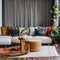 7 A bohemian-inspired living room with a mix of patterned and textured finishes, a low sectional sofa, and a mix of patterned an