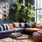 7 A bohemian-inspired living room with a mix of patterned and textured finishes, a low sectional sofa, and a mix of patterned an