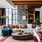 7 A bohemian-inspired living room with a mix of patterned and textured finishes, a low sectional sofa, and a mix of patterned an