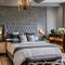 7 A cozy, eclectic bedroom with a mix of patterned and solid bedding, a mix of antique and modern furniture, and a statement cha