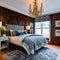 7 A cozy, eclectic bedroom with a mix of patterned and solid bedding, a mix of antique and modern furniture, and a statement cha