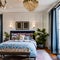 7 A cozy, eclectic bedroom with a mix of patterned and solid bedding, a mix of antique and modern furniture, and a statement cha