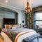 7 A cozy, eclectic bedroom with a mix of patterned and solid bedding, a mix of antique and modern furniture, and a statement cha