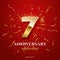 7 golden number and Anniversary Celebrating text with golden serpentine and confetti on red background. Vector seventh