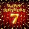 7 Happy Birthday message made of golden inflatable balloon seven letters isolated on red background fly on gold ribbons with