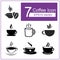 7 icon a cup of hot coffee with steaming smoke. Coffee beans between coffee cups.