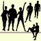 7 Vector group of people silhouettes, tourists travelers. Women waving a friendly hand, two figures of a man of sports build, tall