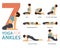 7 Yoga poses or asana posture for workout in ankle stretch concept. Women exercising for body stretching. Fitness infographic.