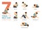 7 Yoga poses or asana posture for workout in rest day concept. Women exercising for body stretching. Fitness infographic. Vector