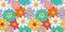 70s groovy seamless pattern with smiling flowers. Colorful psychedelic summer design vector illustration
