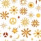 70s retro hippy vector seamless pattern. Groovy vintage repeat pattern with sun, peace sign, stars. Wavy doodle hippie