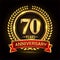 70th golden anniversary logo, with shiny ring and red ribbon, laurel wreath isolated on black background, vector design