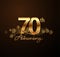 70th golden anniversary logo with swoosh and sparkle golden colored isolated on elegant background, vector design for greeting