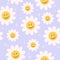 70â€™s cute seamless smiling daisy pattern with  flowers. Floral hippie funky vector background.