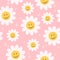 70â€™s cute seamless smiling daisy repeat pattern with flowers. Floral hippie pink pastel vector background.