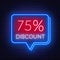 75 percent discount neon sign on brick wall background