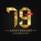 79th anniversary years celebration logotype. Logo ribbon gold number and red ribbon on black background.