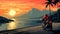 8-bit Pixel Art: Motorcycle Rider At Ocean Sunset