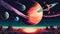 8 Bit pixel art red planet in starry galaxy sky