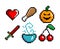 8-bit pixel graphics icon set. evil pumpkin heart meat potion cherry. Game assets. Isolated  illustration