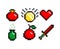 8-bit pixel graphics icon set. potion, sword coin and heart. Game assets. Isolated  illustration