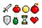 8-bit pixel graphics icon set. potion, sword coin and heart. Game assets. Isolated  illustration