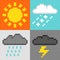 8-bit pixel weather symbols: sun, rain, snow, thunder