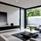 8 A contemporary, minimalist living room with a mix of white and black finishes, a low-profile sectional sofa, and a large, abst