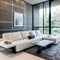 8 A contemporary, minimalist living room with a mix of white and black finishes, a low-profile sectional sofa, and a large, abst