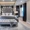 8 A glam master suite with a tufted headboard, mirrored nightstands, and crystal lighting1, Generative AI