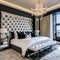 8 A glam master suite with a tufted headboard, mirrored nightstands, and crystal lighting4, Generative AI