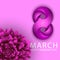 8 March Happy Women is Day holiday poster background. Violet chrysanthemum flower and figure eight of purple ribbon. Feminine cute