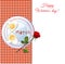 8 march happy women`s day greeting card with fried eggs and rose