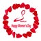 8 march, Happy Women`s day typography banner. Rose petals wreath. Red petals circle on white, shadows