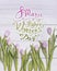 8 March. Happy womenâ€™s day! Card with seven pink tulips
