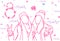 8 March Holiday Banner With Pink Silhouette Girls Embracing Doodle