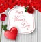 8 March. International happy women`s day greeting card. Flower roses. Red heart. White paper space for text. Red petal. Wood backg