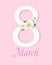 8 March. International Women`s day. Happy Women`s Day. Spring, beautiful , white flower with number 8. Vector