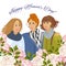 8 March. Three Womens with garden roses. Vector Templates for card, poster, flyer and other users
