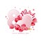 8 March vector illustration with pink hearts and paper tulips. Happy women`s day composition. Spring flowers.