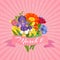 8 March women s day floral card with flowers bouquet of chamomiles, daisies, asters, blossoms, bellflowers cartoon