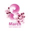 8 March Women`s Day greeting card template International women`s day background with flowers. Cherry blossoms romantic