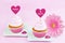 8 March Women\'s Day pink greeting card with cupcake, heart and gerbera