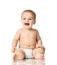8 month infant child baby boy kid toddler sitting in diaper thinking happy laughing isolated on a white
