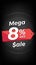 8 percent off. Black discount banner with eight percent. Advertising for Mega Sale promotion