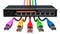 8 port Gigabit Ethernet switch with colored lan cables. 3D rendering