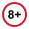8+ restriction flat sign isolated on white background. Age limit symbol. No under eight years warning illustration