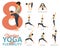 8 Standing Yoga poses for yoga at home in concept of flexibility in flat design. Woman is doing exercise for body stretching.
